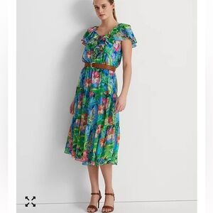 Lauren Ralph Lauren Floral Crinkle Georgette Tiered Dress Size 2 Tropical‎ NEW